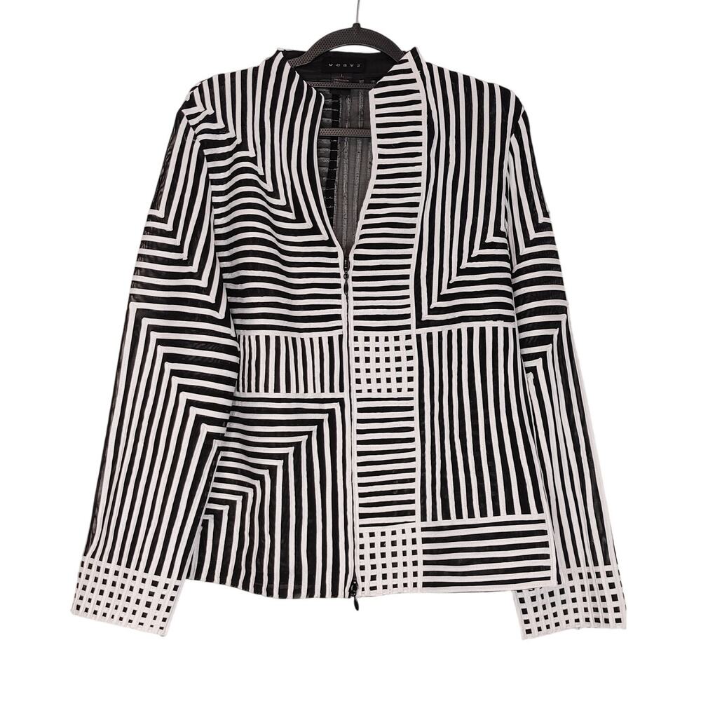 Weavz Two Way Zip Up Jacket Semi Sheer Mesh Striped White Black Womens Large